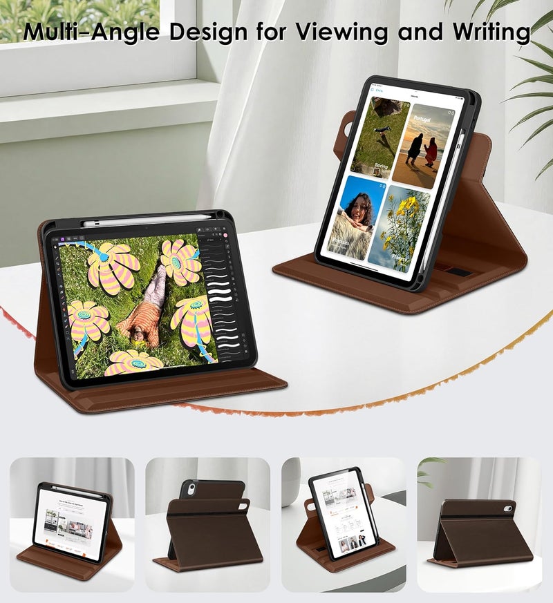 DTTO for iPad A16 Case, iPad 11th / 10th Generation Case (2025/2022), 360 Degree Rotating Premium Leather Folio Stand Cover with Pencil Holder, Dark Brown - Image 2